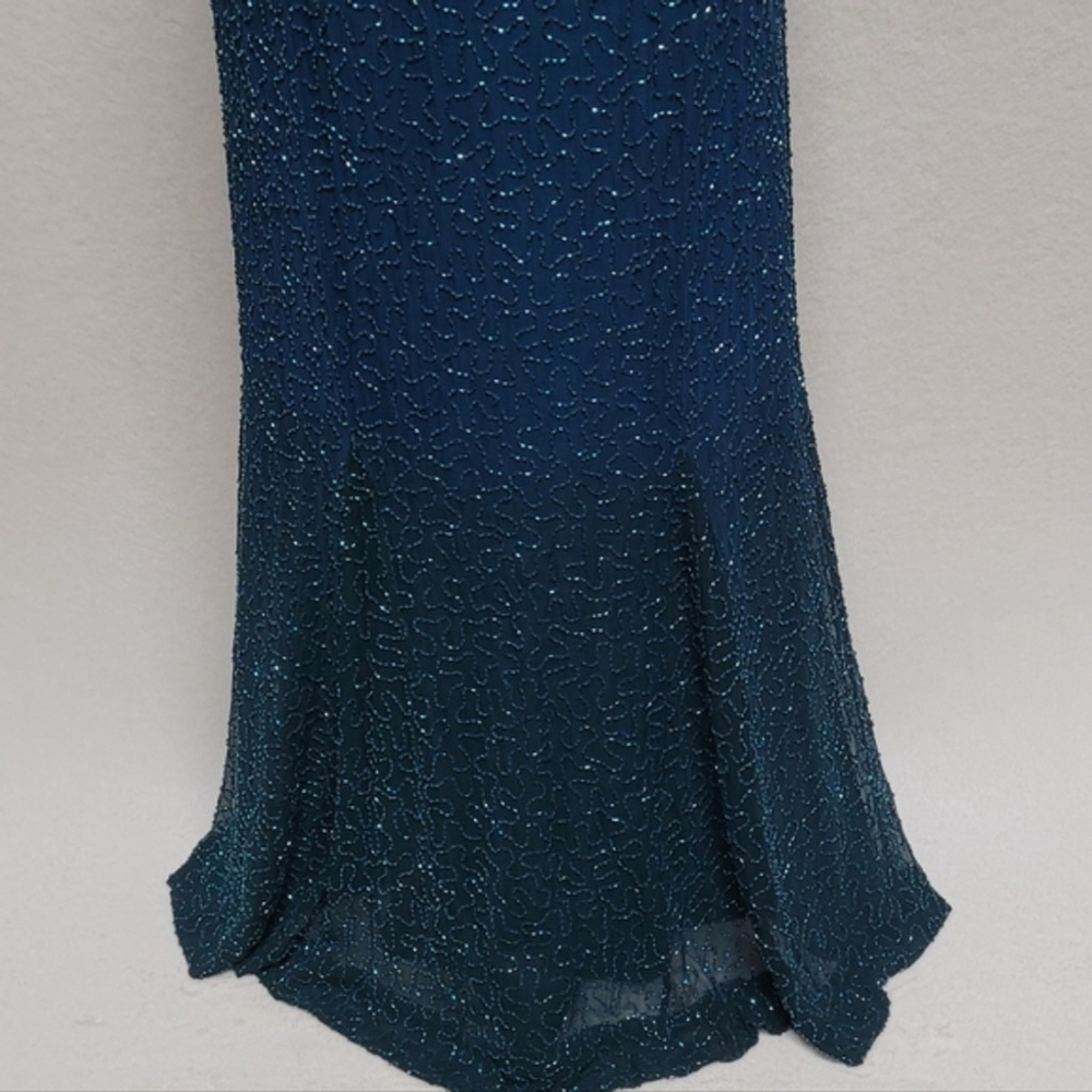 Laurence Kazar 90s Vintage Teal Ombre Beaded Silk Backless Maxi Formal Dress 8 - Picture 5 of 12